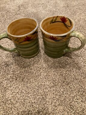 Pier 1 Set of 2 Mugs Elizabeth by Pier 1 Hand Painted Stoneware Cups 4-3/8”